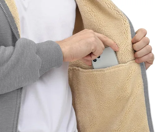 Miniatura 7 de CRYSULLY Chaqueta con forro de sherpa para hombre, con cremallera completa, sudadera con capucha para invierno