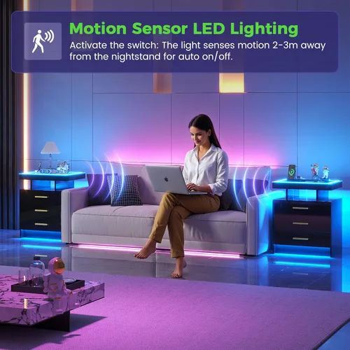 Miniatura 6 de HNEBC Mesita de noche LED con estación de carga, mesita de noche inteligente con luces de sensor de movimiento, 3 cajones, parte superior de vidrio