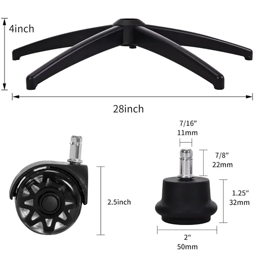 Miniatura 3 de Reemplazo de base metálica para silla de oficina y gaming Frassie con 5 ruedas con guías en forma de campana, base universal para silla de Negro
