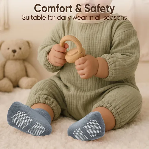 Miniatura 4 de HONGTEYA 9 pares de calcetines para niños pequeños, calcetines antideslizantes de algodón para bebés con agarres de 0 a 5 años