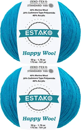 Miniatura 24 de Estako Happy Wool (paquete de 2 madejas) 40% lana merino 20% cachemira tipo poliamida 40% acrílico peso fingering hilo suave para tejer y crochet