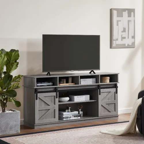 Miniatura 3 de Soporte de TV con puerta corrediza de granero, centro de entretenimiento de madera moderna y rústica, armario de almacenamiento, mesa de estar