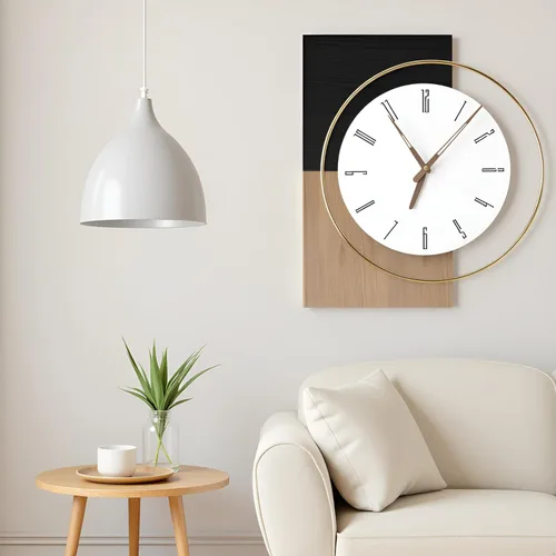 Miniatura 12 de Reloj de pared moderno de mediados de siglo de 24 pulgadas, diseño de metal de marco redondo con centro de madera de nogal, movimiento de cuarzo F