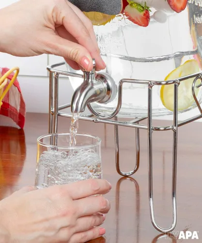 Miniatura 6 de Ilyapa Dispensador de bebidas de vidrio para exteriores con base de metal resistente, espita de acero inoxidable y pizarra colgante - Dispensador
