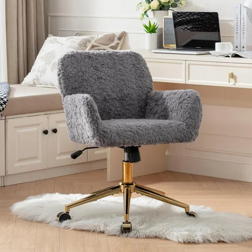 Miniatura 12 de HomVent Bonita silla de oficina peluda, moderna silla de piel sintética negra con ruedas y base dorada, silla giratoria ergonómica ajustable