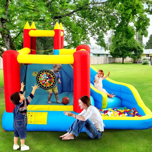 Miniatura 6 de WELLFUNTIME - Casa inflable para saltar con tobogán, castillo hinchable con ventilador, pared de escalada, diana, aro de baloncesto y 50 pelotas