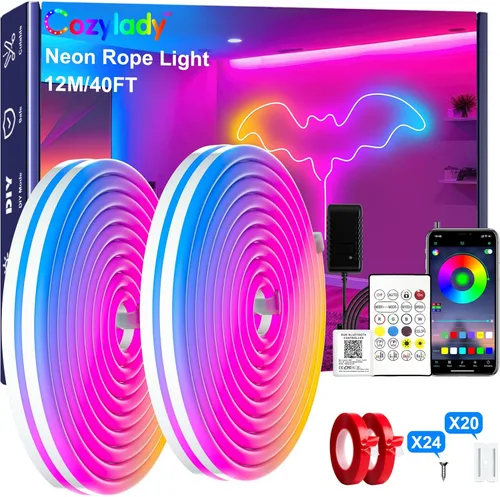 Cozylady 40 pies (20 pies * 2 rollos) luces de cuerda LED RGB de neón para dormitorio, lámpara de tira LED de 12 m con cinta adhesiva de doble cara,