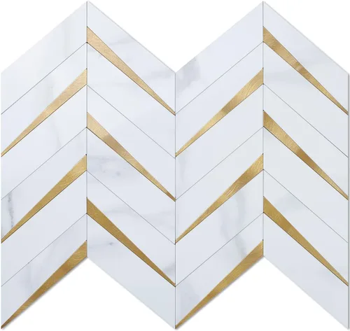 DICOFUN 10 hojas de mármol blanco pulido con diseño de espiga de espiga para cocina, PVC mezclado metal dorado Chevron Stick en azulejos de pared