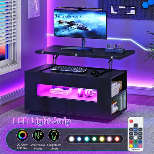 Miniatura 8 de CHOEZON Mesa auxiliar elevable de 40 pulgadas con 2 cajones, luces LED y almacenamiento, mesa central multiusos 4 en 1 con base flotante, para sala