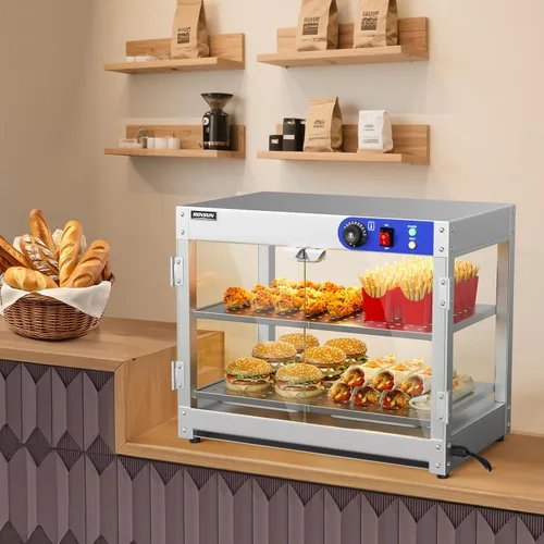 Miniatura 7 de ROVSUN Calentador de Alimentos de 2 Niveles, Calentador de Pizza, Calentador de Alimentos Comercial con Iluminación LED, Estantes Desmontables