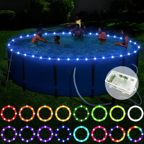 Luces LED de piscina para piscinas sobre el suelo, luces de borde sumergibles de control remoto de 15 pies, caja de batería C, cambio de color de 16