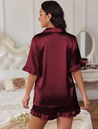 Miniatura 2 de Ekouaer Conjunto de pijama de satén de seda con volantes para mujer, conjunto de pijama con botones S-XXL