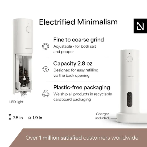 Miniatura 4 de LARS NYSØM Juego de molinillo eléctrico de sal y pimienta, recargable por USB, molinos automáticos de sal y pimienta, dispensadores de especias