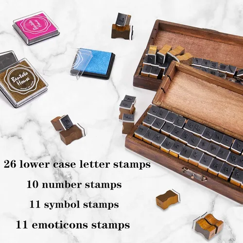 Miniatura 4 de Rancco Sellos del alfabeto para manualidades con 4 almohadillas de tinta, 84 sellos de goma de madera vintage con caja de almacenamiento, 2