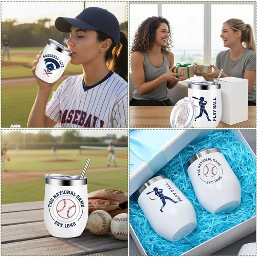 Miniatura 7 de Mifoci 4 vasos de béisbol de 12 onzas con aislamiento térmico de acero inoxidable con popote y tapa, taza de café de viaje para mujeres, hombres