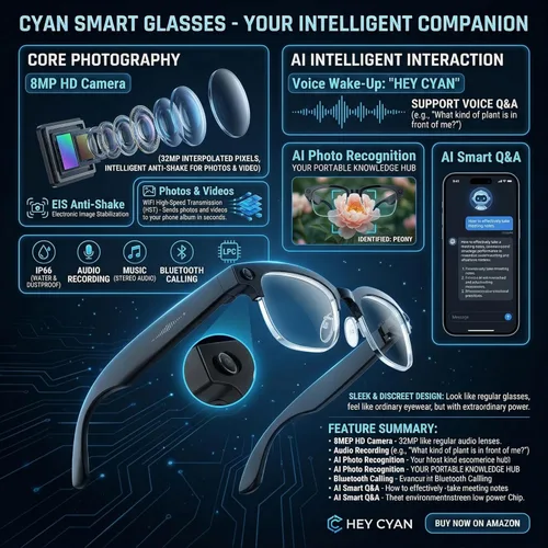 Miniatura 6 de Gafas Inteligentes AI para Vlogging y Fotografía - Gafas de Cámara de Grabación 4K con Estabilización AI, Bluetooth 5.3, Audio Integrado