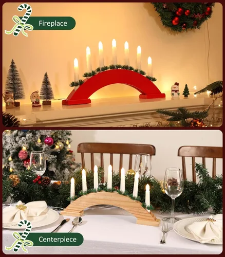 Miniatura 6 de Lewondr Candelabro sueco de Navidad, 7 velas cónicas sin llama con alimentación USB, luz de vela de ventana de Navidad con agujas de pino, luz de B