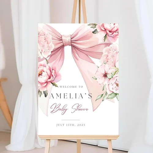 Letrero de bienvenida personalizado con lazo rosa, editable imprimible para fiesta de bebé, letrero de baby shower con lazo rosa #12 Baby Shower #12