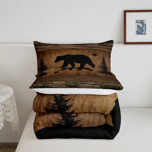 Miniatura 9 de Juego de edredón rústico de oso tamaño completo, juego de ropa de cama de caza de animales salvajes de 3 piezas, edredón de plumón vintage de cabaña