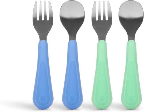 Ubbi Juego de tenedores y cucharas de acero inoxidable para niños pequeños, 4 unidades, asas de silicona de fácil agarre, utensilios de