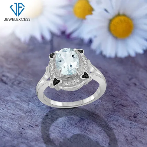Miniatura 4 de JEWELEXCESS Anillo de aguamarina con piedra natal de marzo Anillo de plata de ley de aguamarina de 1,65 quilates con detalle de diamante blanco