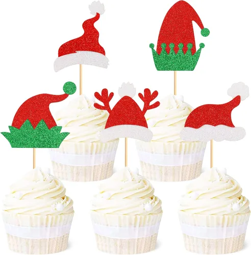 Ercadio Paquete de 25 adornos para cupcakes de Papá Noel y elfo - Sombreros de Papá Noel con purpurina, sombreros de elfo, palillos para cupcakes