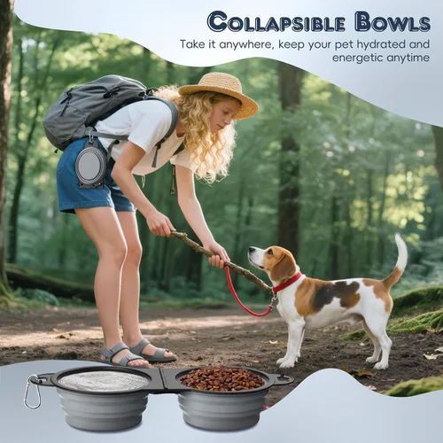 Miniatura 6 de Pawaboo Cuencos plegables 2 en 1 para perros, cuencos dobles para comida y agua, cuenco de silicona portátil de 180° con gancho de metal, comedero
