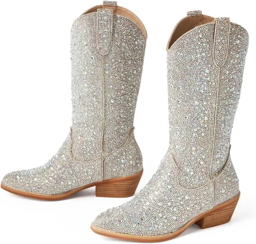 Miniatura 3 de MUCCCUTE Botas vaqueras con diamantes de imitación para mujer, puntera puntiaguda, tacón de 2.0 in, botas altas hasta la rodilla, botas