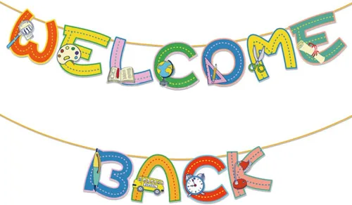 Miniatura 7 de Cartel de regreso a clases con texto en inglés "Welcome Back Words" para colgar en el día de regreso a la escuela, decoración de fiesta
