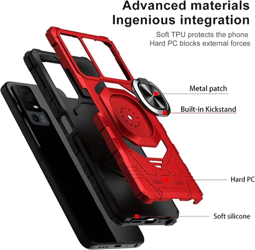 Miniatura 5 de TJS Funda para TCL 40 XL y T608DL, Lively Jitterbug Smart4 - Protector de pantalla de vidrio templado, soporte de metal resistente contra caídas Rojo