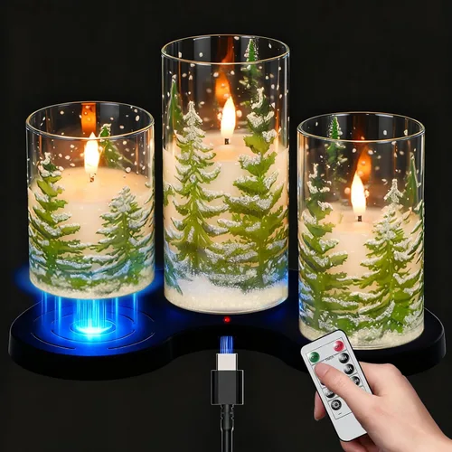 Miniatura 8 de Wondise Velas parpadeantes sin llama con temporizador, funcionan con pilas, cera real, con calcomanía de ciervo dorado, velas LED para decoración