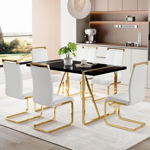 Miniatura 7 de Mesa de comedor Ebullient para 4, mesa de comedor rectangular negra de MDF, tapa de mesa de cena de mármol falso, mesa de comedor moderna con marco