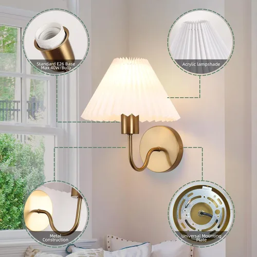 Miniatura 4 de Juego de 2 apliques de pared de latón cepillado con pantalla plisada blanca, lámpara de pared dorada de cuello de cisne para interiores, tocador