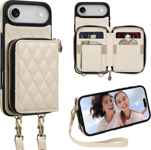 Miniatura 18 de Funda tipo cartera para iPhone 15 de 6.1 pulgadas, bolso cruzado con cremallera y correa para la muñeca con cordón para mujer, tarjetero con bloqueo