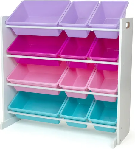 Miniatura 23 de Humble Crew Organizador de almacenamiento de juguetes para niños con 12 cubos de plástico, madera natural/aguamarina, contenedores extraíbles