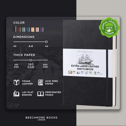 Miniatura 2 de Beechmore Books Cuaderno de bocetos A3 – 11.7 x 16.5 pulgadas de cuero vegano de primera calidad, tapa dura, 160gsm, 160 páginas perforadas
