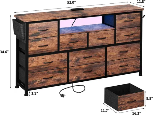 Miniatura 3 de LIVEHOM Cómoda Soporte para TV con toma de corriente y LED para TV de 45'', cómoda larga para dormitorio con 12 cajones, mesa consola ancha