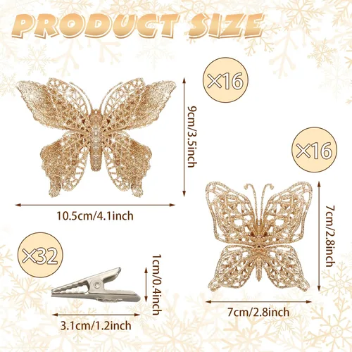 Miniatura 2 de Liliful 32 piezas de adorno de mariposa de purpurina navideña con clip, mariposa hueca, decoración de Navidad artificial, adorno colgante con clip