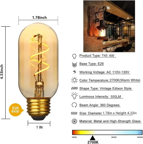 Miniatura 2 de Paquete de 4 bombillas LED T45/T14, bombillas Edison vintage de 4 W, 2700 K, 550 lúmenes, equivalentes a 40 W, bombillas de tubo ámbar amarillo