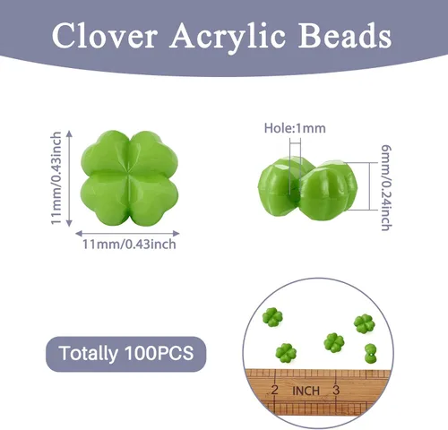 Miniatura 4 de 100 cuentas acrílicas de trébol de cuatro hojas verdes de 0.433 in para hacer pulseras, collares, aretes, joyería