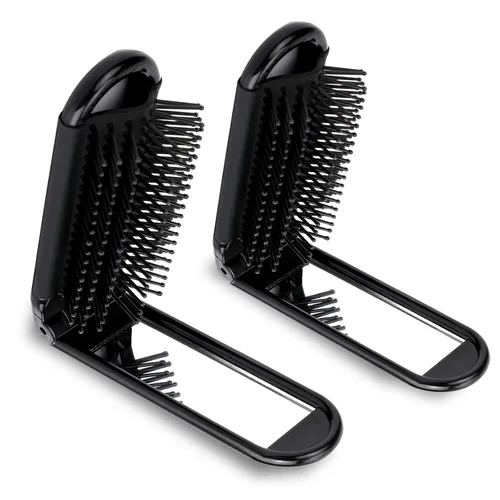 Cepillo de pelo de viaje con espejo y peine de masaje, paquete de 2 herramientas de peinado compacto plegable para mujeres y hombres 2 Pack negro