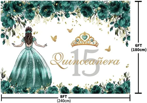 Miniatura 4 de MEHOFOND Telón de fondo de quinceañera Sweet 15 Girl Miss Quince Banner de rosas verdes y doradas, corona de niña en vestido de princesa, fiesta