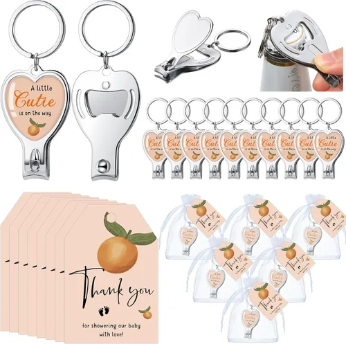 Miniatura 11 de Wesiti 25 juegos de llaveros para baby shower para invitados Baby in Bloom con cortaúñas y abridor de botellas, tarjeta de agradecimiento y bolsa