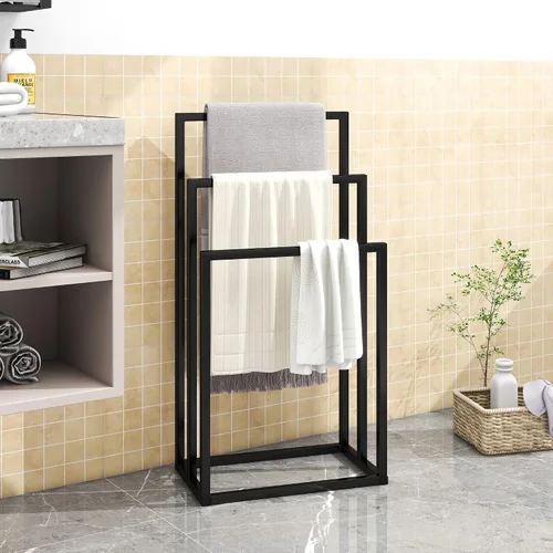 Miniatura 6 de Toalleros de metal, 3 barras para baño, estante de secado independiente, organizador de almacenamiento de 3 niveles, soporte para paños (negro)