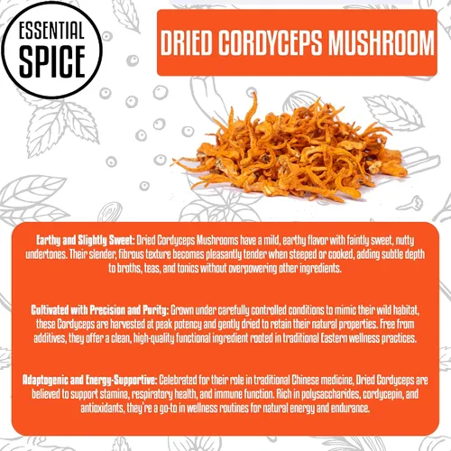 Miniatura 3 de Essential Spice Champiñones Cordyceps secos, 8 onzas – Sabor suave y terroso con beneficios funcionales – Ideal para tés, caldos, tónicos y recetas