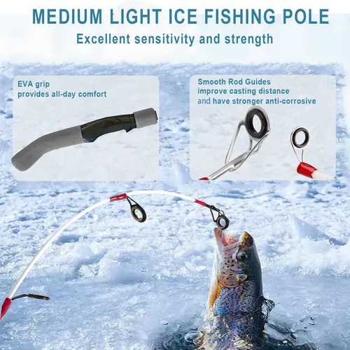 Miniatura 3 de Generic 122 piezas de carrete de caña de pescar en hielo, kit de caña de pescar de hielo de luz media de 24 pulgadas con plantillas de pesca
