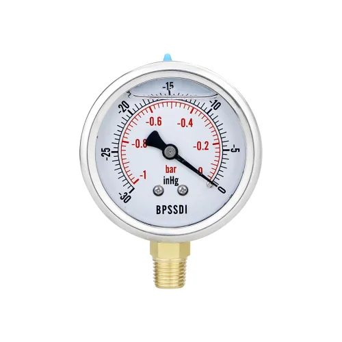 Medidor de baja presión relleno de líquido de aceite de silicona de vacío de 30 inHg, tamaño de esfera de 2.5", montaje inferior NPT de 1/4",