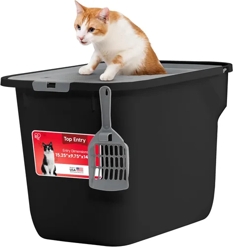 Miniatura 16 de IRIS USA - 2 Pack Caja de arena para gatos grande de tapa abierta con lados altos, escudo antidesperdicio y pala, color negro, para gatos