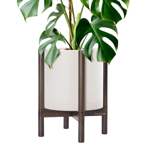 Miniatura 9 de Maceta de D'vine Dev con soporte - Maceta de flores de cilindro de plástico de 8.0 pulgadas con soporte de madera para interiores, maceta mate negra