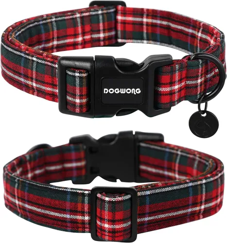Miniatura 2 de DOGWONG Collar navideño de algodón para perro, collar de perro a cuadros rojos resistente, duradero, suave, collar de perro para mascotas, lindo
